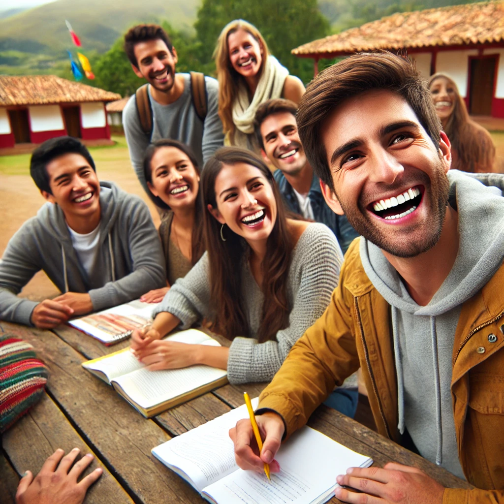 DALL·E 2024-07-05 14.58.14 - A joyful outdoor TEFL_TESOL class with adult students being taught by a young adult teacher, set in a South American country. The students a